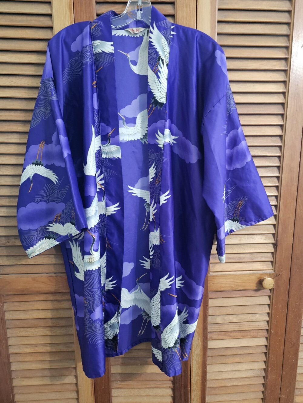 Marukyo Kimono Robe Purple Silk-Feel Crane Bird & Cloud Print One Size Short